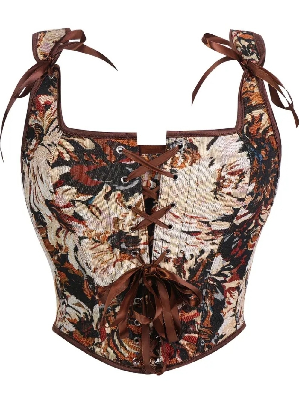 Vintage Floral Lace-Up Corset Top in Coffee Brown